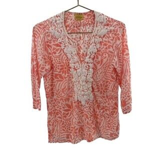 Roberta Roller Rabbit Size M Embroidered Tunic Blouse‎ Ivory Coral Beach Paisley